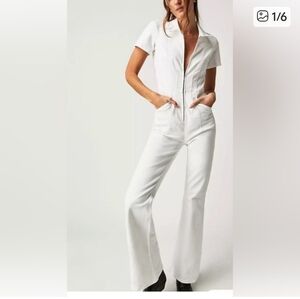 Free People Jayde Flare Jumpsuit We The Free Zip Up Stretch Denim White